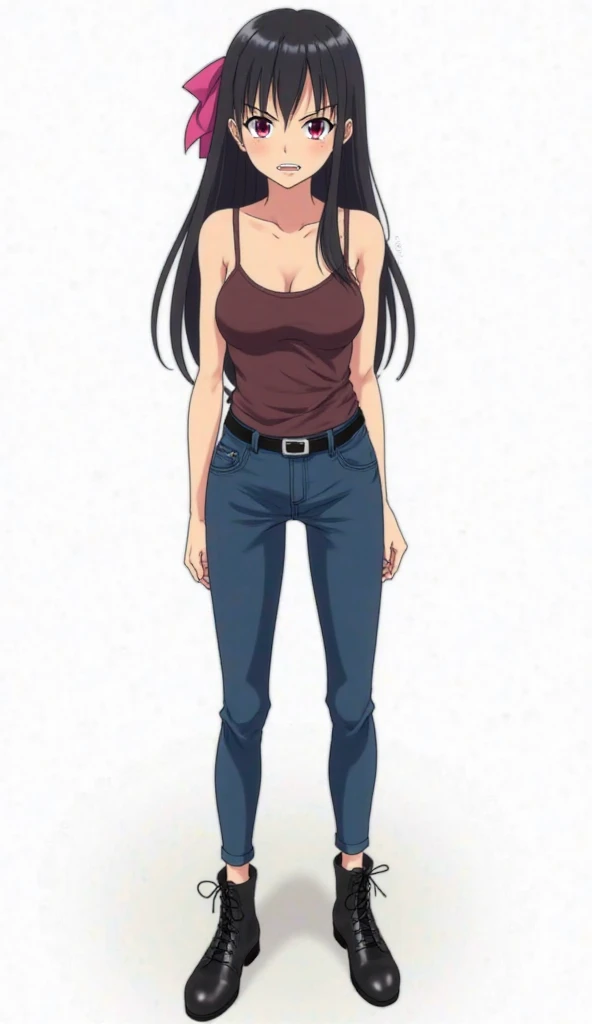 ((best quality)), ((masterpiece)), (detailed), perfect face, brown skin anime girl in a deep V Neck backless cami Top, (jeans trousers), famished in hunger, (gently resting hands on stomach), (long hair), (hands on her stomach)