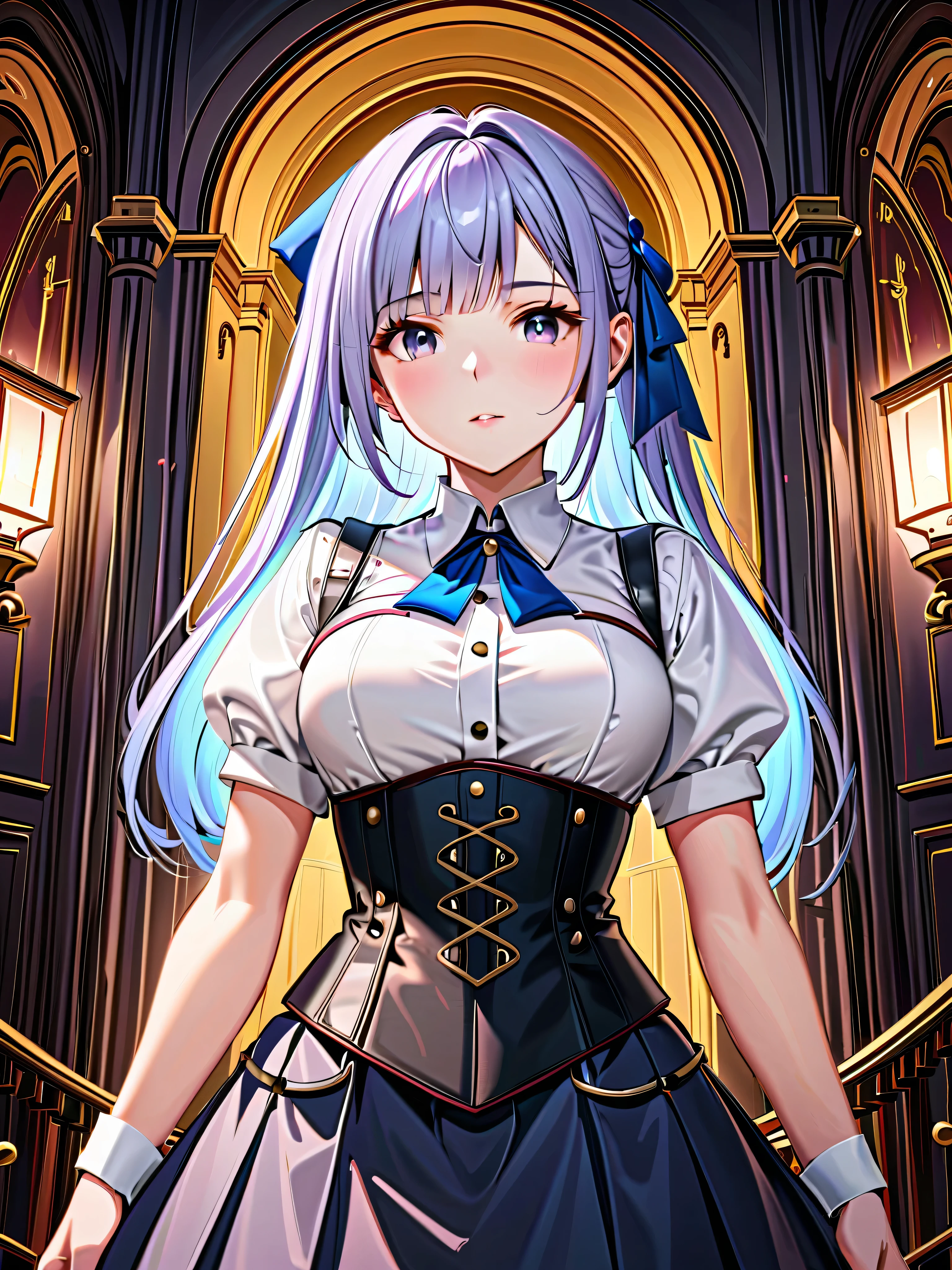 (((masterpiece)))、((top quality))、(very detailed)、(CG illustration)、(so beautiful ))、 cinematic lights in the evening 、((( 1 mechanical girl in a European castle)))、 SF、Apocalypse、Erotic and grotesque、graduate School(Beautiful and luxurious:1.2)、(1 girl:1.3)、facing the front, (Double Breasted,Underbust:1.2), button gap with,((( CORSET BELTS ))),(((high waist skirt,)))