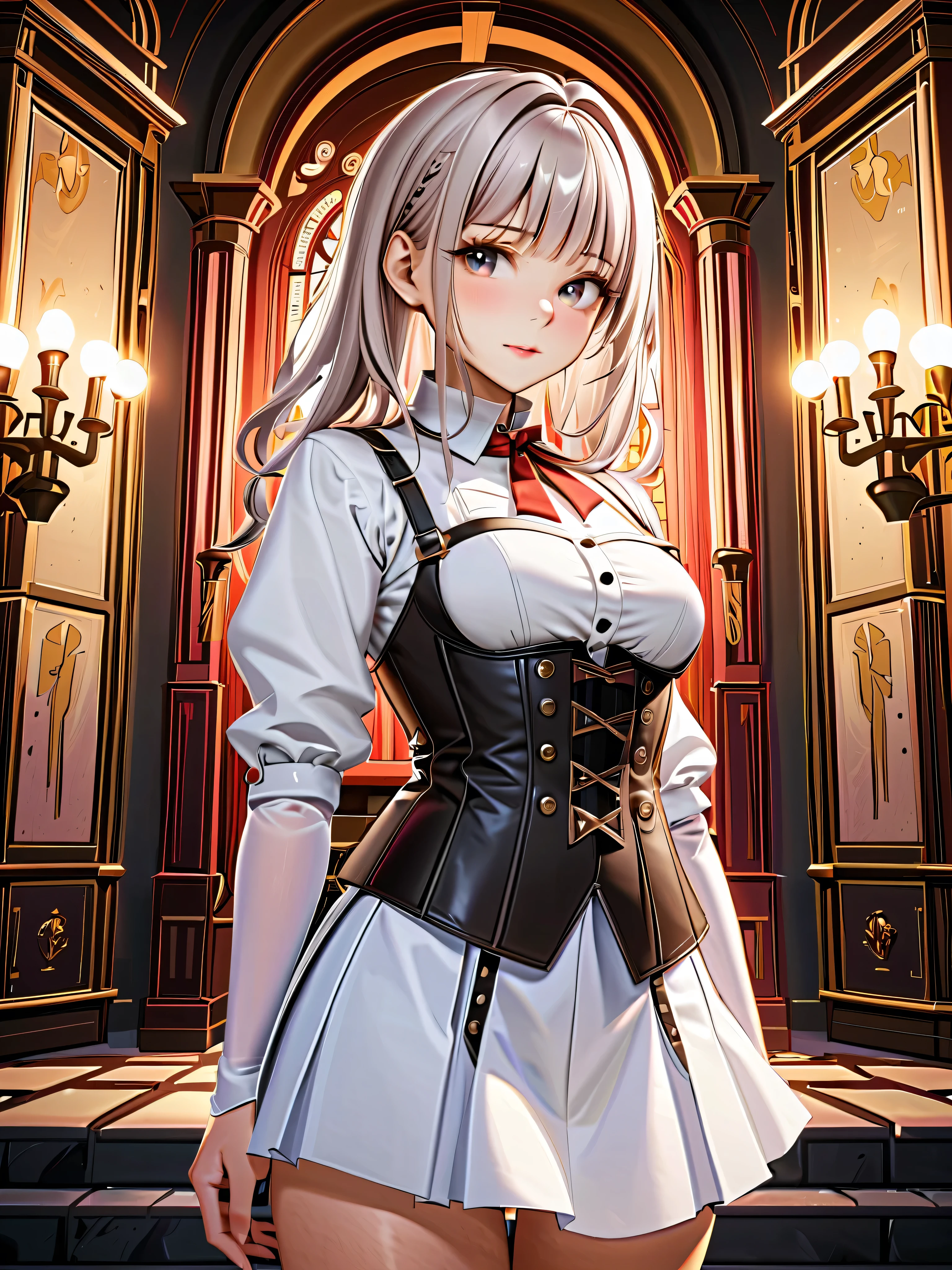 (((masterpiece)))、((top quality))、(very detailed)、(CG illustration)、(so beautiful ))、 cinematic lights in the evening 、((( 1 mechanical girl in a European castle)))、 SF、Apocalypse、Erotic and grotesque、graduate School(Beautiful and luxurious:1.2)、(1 girl:1.3)、facing the front, (Double Breasted,Underbust:1.2), button gap with,((( CORSET BELTS ))),(((high waist skirt,)))