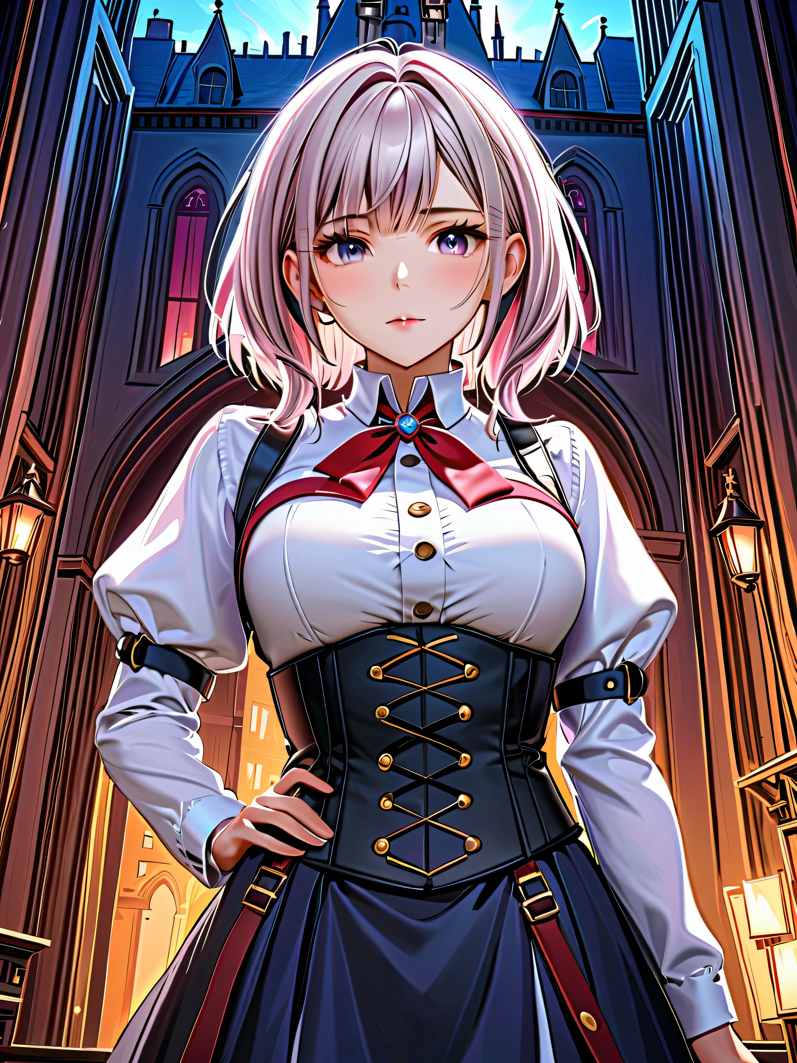 (((masterpiece)))、((top quality))、(very detailed)、(CG illustration)、(so beautiful ))、 cinematic lights in the evening 、((( 1 mechanical girl in a European castle)))、 SF、Apocalypse、Erotic and grotesque、graduate School(Beautiful and luxurious:1.2)、(1 girl:1.3)、facing the front, (Double Breasted,Underbust:1.2), button gap with,((( CORSET BELTS ))),(((high waist skirt,)))
