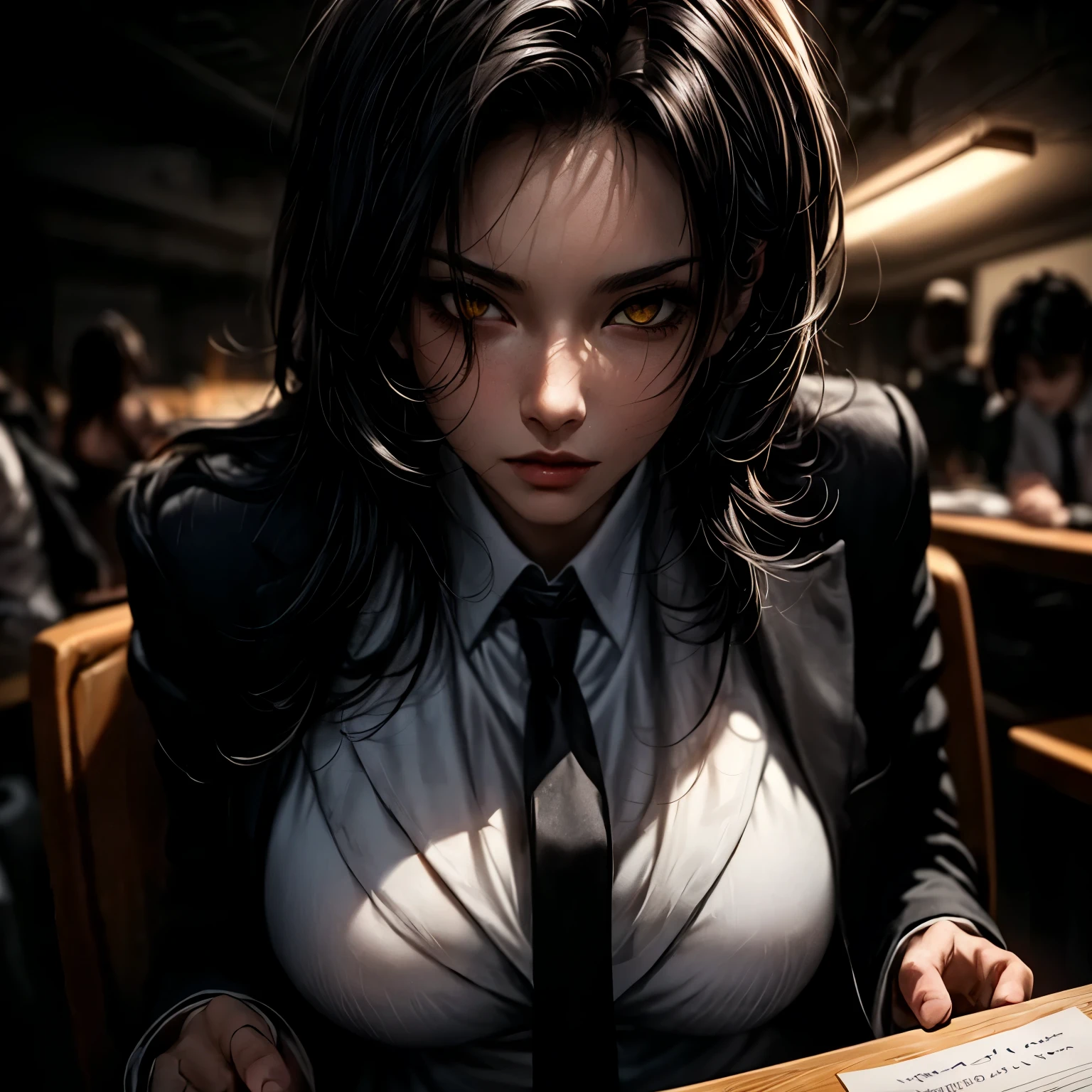 ((best quality)), ((Masterpiece)), ((Enrich the picture,Masterpiece level quality)), black hair, high ponytail, very big breasts, golden eyes, fierce woman, ultra eyes details, best quality, RAW 4K, Realistically, ( cinematic lighting, moody, textile shading), perfect proportions, ultra detailed, volumetric lighting, soft lighting, glossy skin, beautiful face, Special face details, strong emotions, elegant gesture, Detailed facial features, Long eyelashes, contrast, Incredible atmosphere, Fascinating setting, Haunting beauty , white skin, white shirt , blacksuit , necktie , mini black skirt , office , sit on a chair like a boss , ล้วงสูท,
