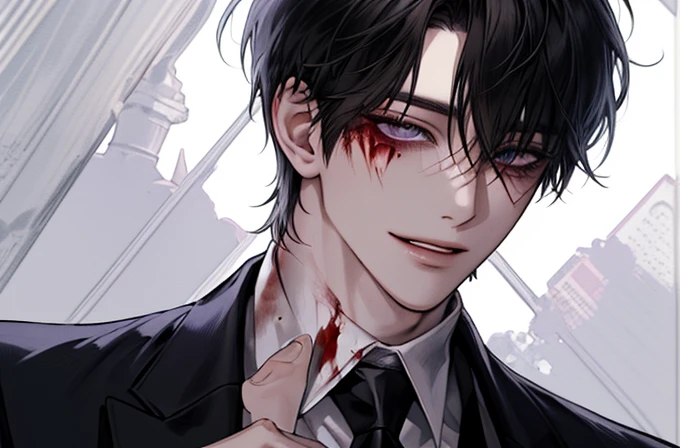 Young Bloodsucker， 1man ，fangs，Blood，hands caressing his neck，Handsome,short hair,,Solo painting，suit, mature man, muscles，solo，alone，handsome，wine