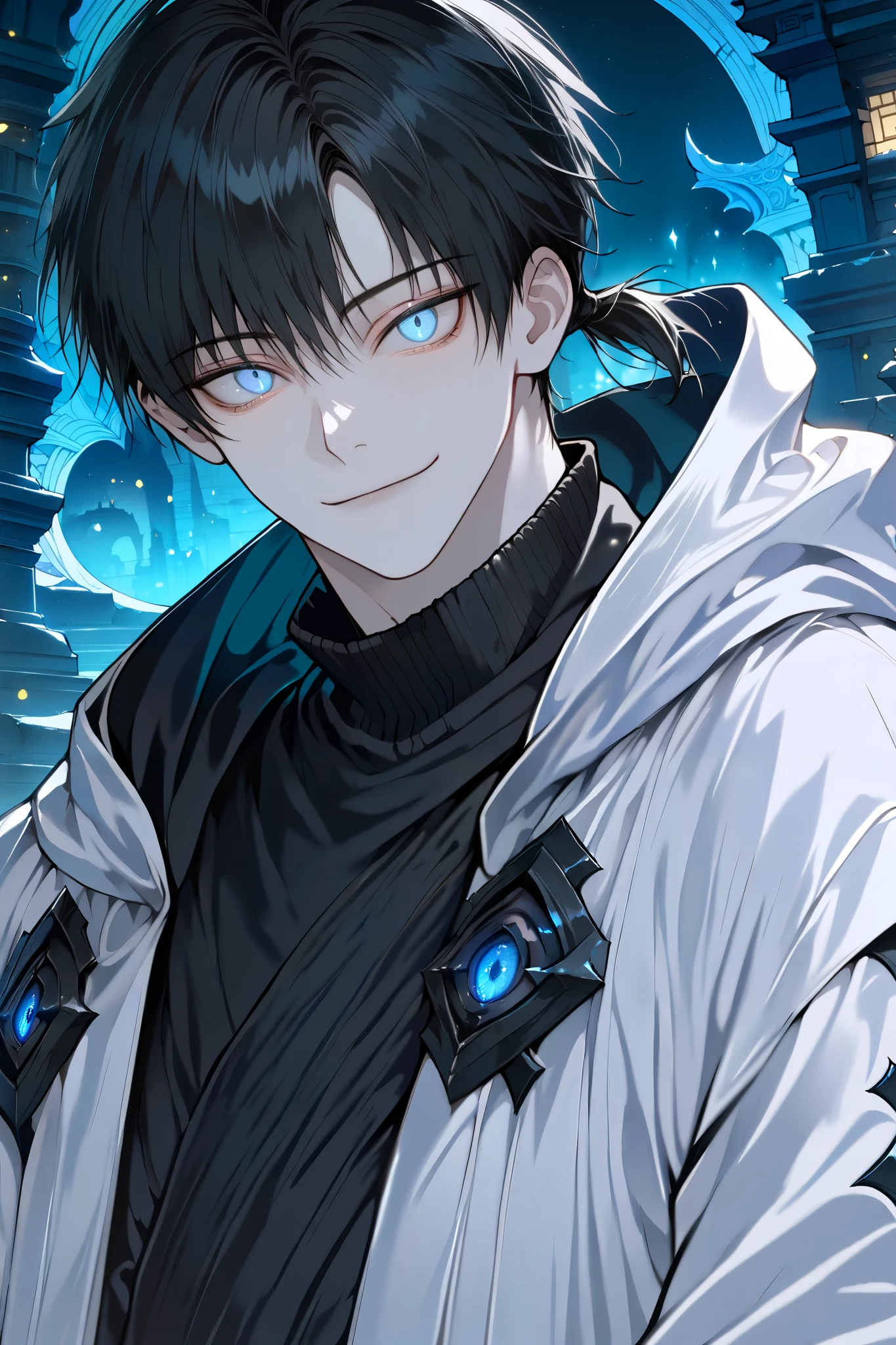 masterpiece, best quality, detailed eyes, semi realistic, 8k, boy, cool, small, white robe coat, black sweater, short black low ponytail hair, white eye, fantasy, solo character, wearing hood, fantasy temple background, night time, upper body, emotionless face, a bit smile, handing over to viewer
