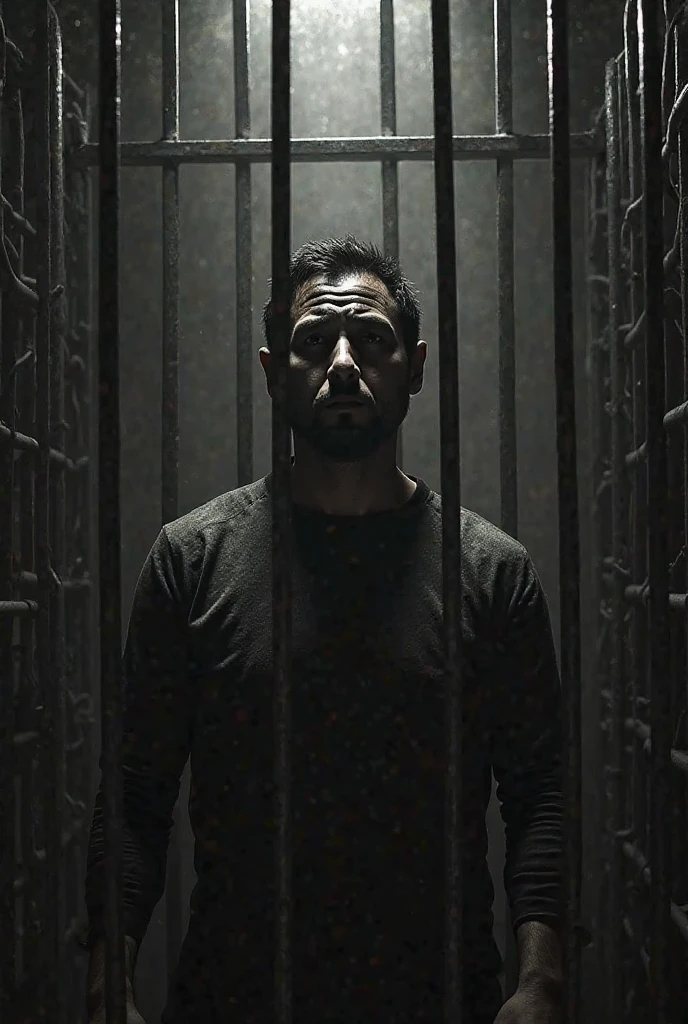 a big man with slicked back hair, wearing black shirt,sitting alone in a dark room, lurkin from shadow 