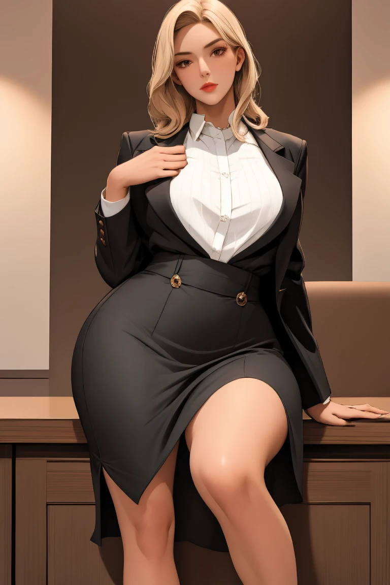 A mature woman, wearing a black nun dress, blonde hair, blue eyes, smooth legs, huge chest, plump hips, lipstick, eye shadow.