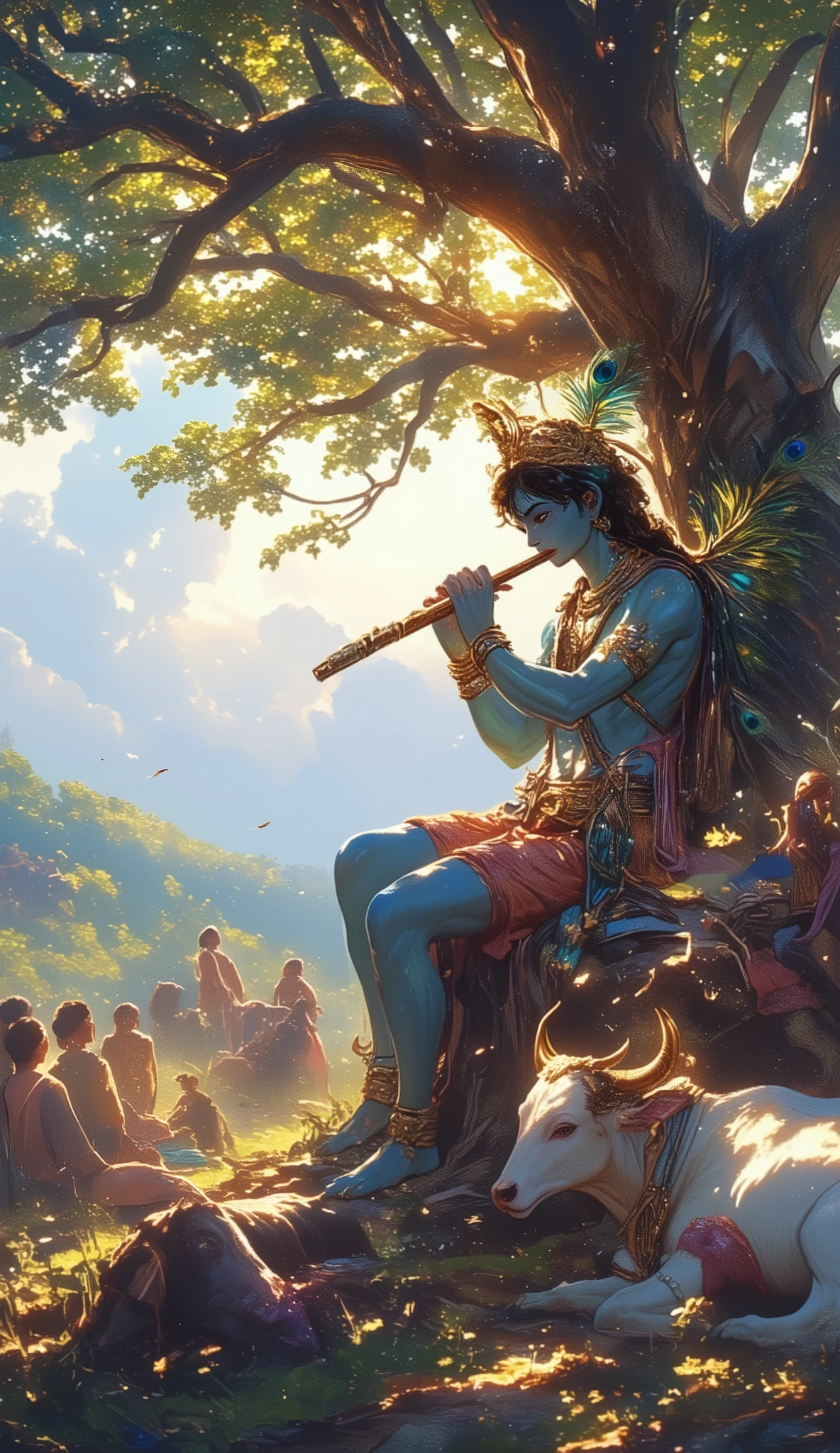 Lord Shri Krishna fit body ( fit body ,blue colour, shining golden crown on the head, and peacock feather in the crown, middle hair, flute in hand) is sitting in the tree, and a people are sitting nearby.looking cow