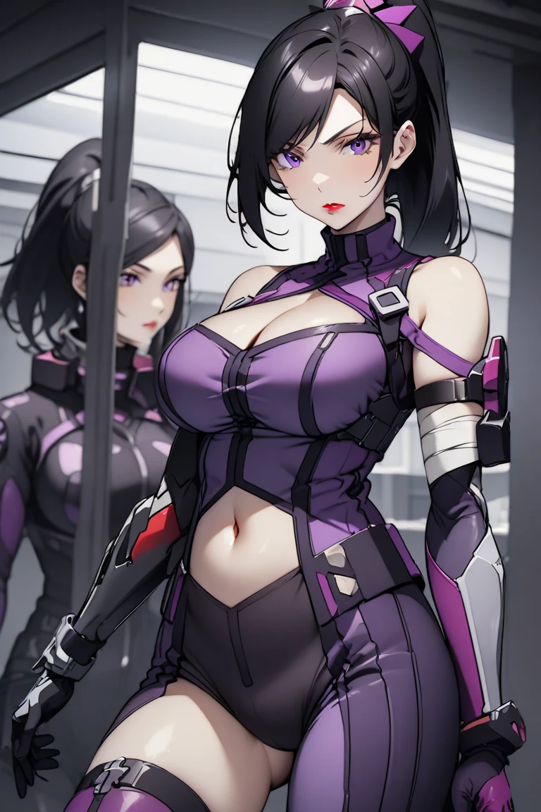 reference sheet, model sheet,(multiple views, [from behind|from side|from front|close-up|upper body|portrait]:1.2),One girl,human, Dark hair with purple strands, Ponytail, purple eyes, black outfit,wearing bulletproof vest,beautiful, masterpiece, best quality, perfect lighting,8k,clean. 