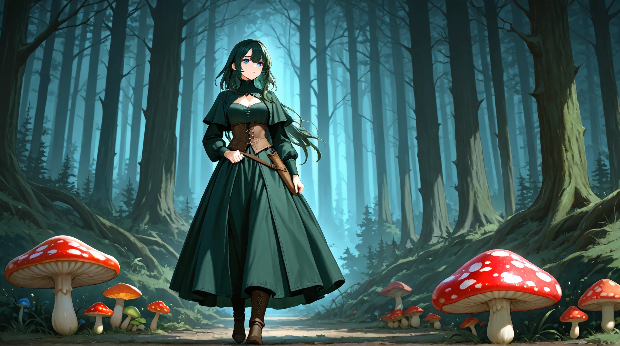 personagem de rpg,1girl,feiticeiço,bruxa,cores vivas,corpo inteiro,vestido verde,capa,natureza, personagem para jogo infantil,livro,magic spell,magia,cabelo colorido,orelha pontuda,bota,high resolution