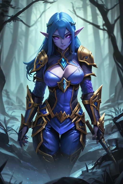 RAW photo, (high skin detail, A detailed eye:1.1), intricate details, Best Quality, 8K UHD, soft-lighting, elf, 1girl, colored skin, blue skin, midnight skin, red eyes, glowing scalet eyes, simple clothing, no nudity, no armor