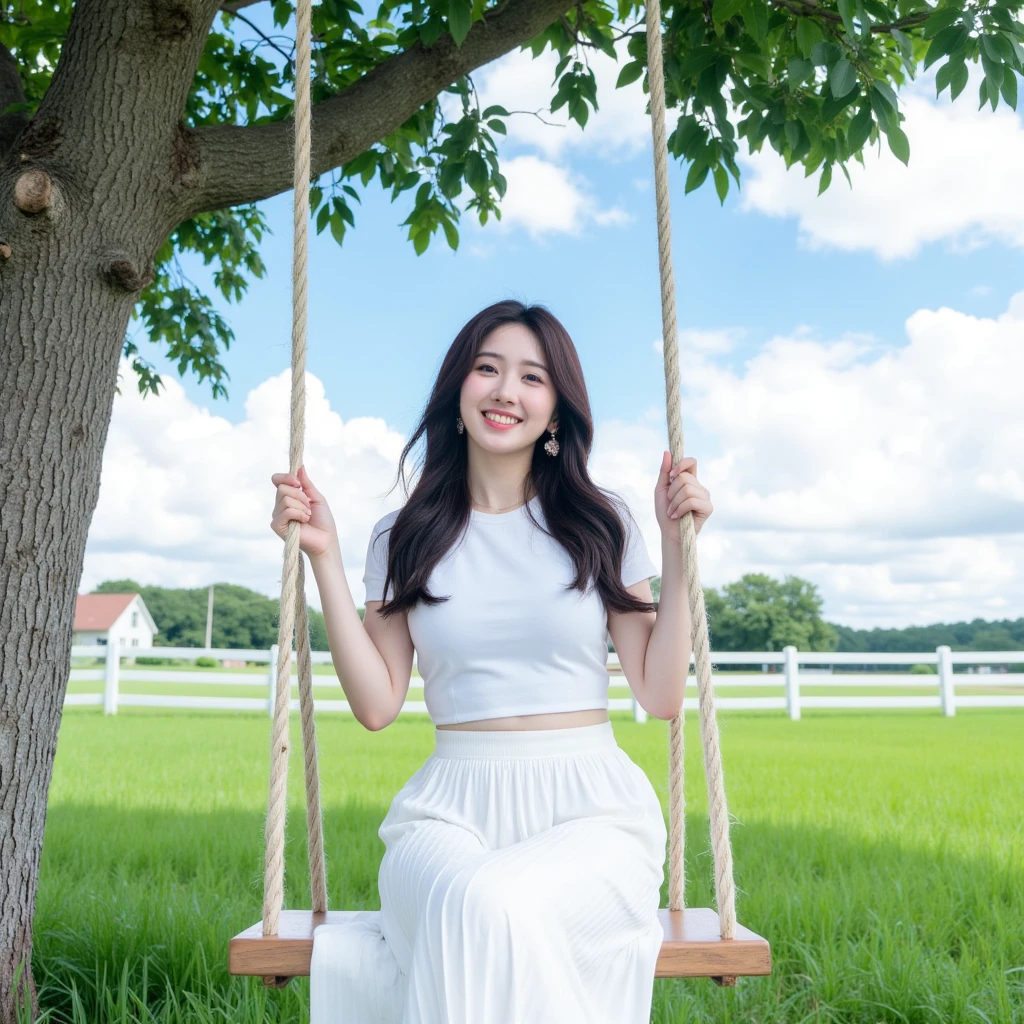 (1 Nice and cute girl), fully body photo,Extremely beautiful and delicate,Black color hair,A sweet smile,Delicate and beautiful fair skin,Realistic and realistic,(exquisite and complete facial features,Detailed depiction of the face),tall nose bridge,Smooth hair,extremely detail hair,Feminine temperament,,Fill your face light,Thin,Realiy,Hyper-realism,full body shot shot,Forward tilt angle,Extreme picture quality,Highest precision,Precise and perfect human anatomy。with blue sky and white clouds,rays of sunshine,cattle and sheep,(White chiffon skirt)Panties are clearly visible,((telephoto shot,))Idyllic landscape,Highlight portrait。Sit on the grass