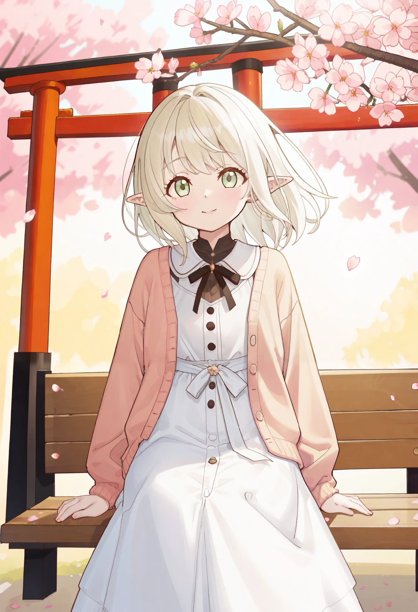 ((best quality)), ((masterpiece)), (detailed face and eyes), perfect face, accurate, textured skin, high details, highres, A serene Japanese spring scene with cherry blossoms in full bloom, petals gently drifting in the breeze. A young woman stands alone, gazing up at the sky with a peaceful expression. She wears an elegant spring outfit—a light pastel dress, a soft cardigan, and delicate accessories that reflect the season’s warmth. The sunlight filters through the branches, casting a golden glow, while the background features a quiet park with traditional Japanese elements like a wooden bench or a small red torii gate. The atmosphere is tranquil, evoking the beauty of spring renewal, elf, pointy ears