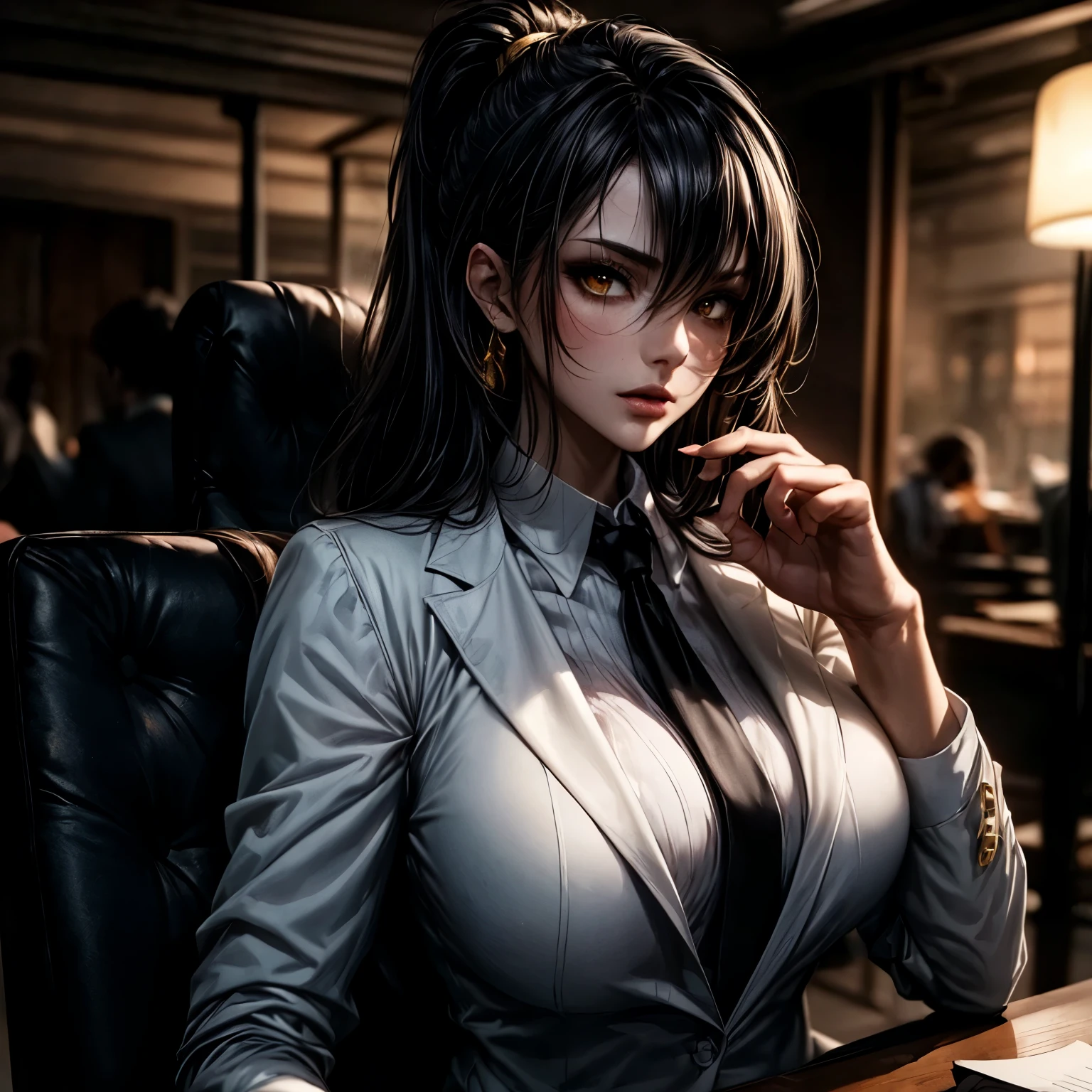 ((best quality)), ((Masterpiece)), ((Enrich the picture,Masterpiece level quality)), black hair, high ponytail, very big breasts, golden eyes, fierce woman, ultra eyes details, best quality, RAW 4K, Realistically, ( cinematic lighting, moody, textile shading), perfect proportions, ultra detailed, volumetric lighting, soft lighting, glossy skin, beautiful face, Special face details, strong emotions, elegant gesture, Detailed facial features, Long eyelashes, contrast, Incredible atmosphere, Fascinating setting, Haunting beauty , white skin, white shirt , black suit , necktie , mini black skirt , office , sit on a chai like a boss ,