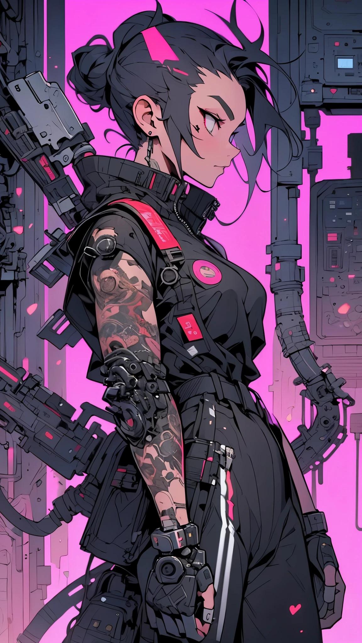 The image features a vibrant and futuristic character with a cyberpunk aesthetic. The character has a pink and black outfit adorned with various colorful elements, including geometric shapes and patterns. The character's face is partially obscured by a mechanical device, which has a large eye and intricate details. The background is a bold pink, with the word "SOUL" written vertically in white, giving a strong contrast to the character's colorful attire. The character's hair is styled in a messy bun, and they are wearing a high-tech helmet with additional mechanical components. The overall design is dynamic and visually striking, with a mix of digital and mechanical elements.