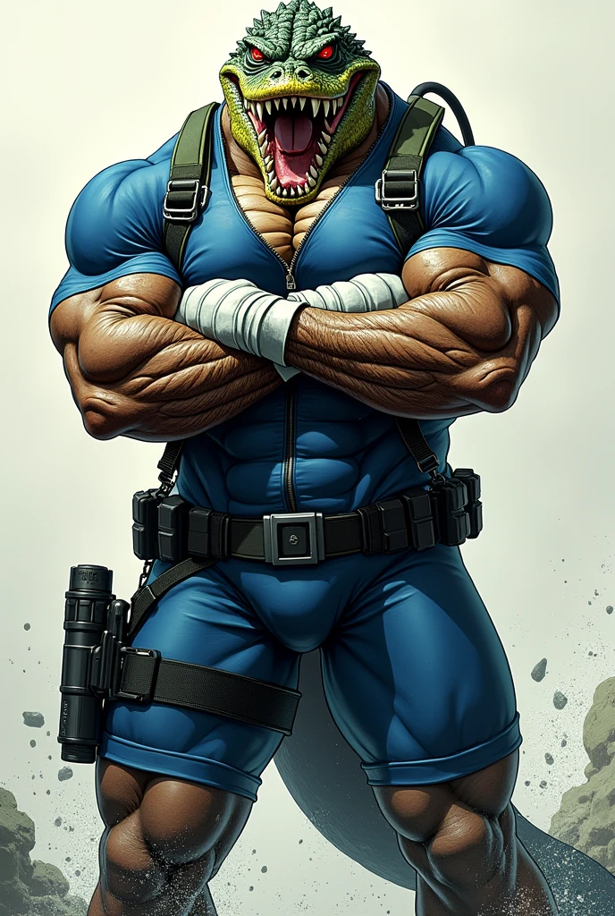 Shark hybrid man, furry, grande, forte, musculoso, algumas cicatriz, barriga saliente, gordo, com mais aparencia de tubarao, with more scars on the arms, 4 arms, mais robusto, mair gordo que musculoso, semblante serio