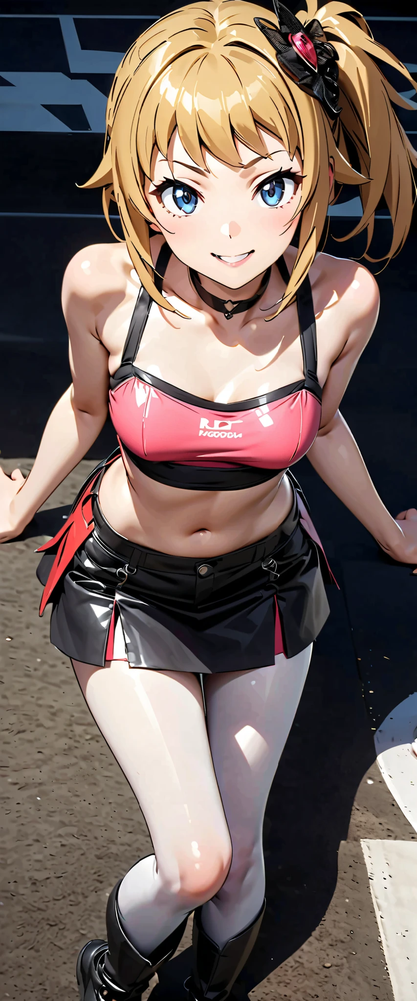 masterpiece, highest quality, bondage, BDSM, 1 girl, school uniform, big breasts,, handcuffs, bondage_blindfold, temporarily stopped, ball_gag, restrained, Ahegao, stage