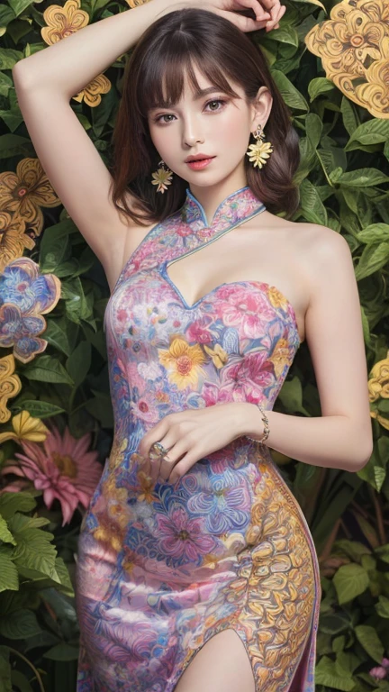 (masterpiece、highest quality、highest quality、official art、beautiful beautiful:1.2)、(1 girl:1.3)、smile gently、very detailed、(fractal art:1.1)、(colorful:1.1)(Floral:1.3)、most detailed、(tangled:1.2)、beautiful face、detailed face、perfect proportions、burst chest、big breasts thin waist、belly button、big ass、gap between crotches、thick tight、(dynamic pose)、(abstract background:1.3)、(qipao dress:1.2)、(shiny skin)、(lots of colors:1.4)、、(earrings:1.4)、1 female、Plump body shape、