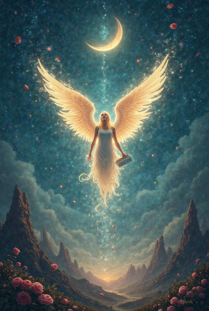 Stylized representations of star ships and ascended masters, Like Hilarion and Archangel Raphael. Celestial beings emanate cosmic lights from their bodies to the entire universe