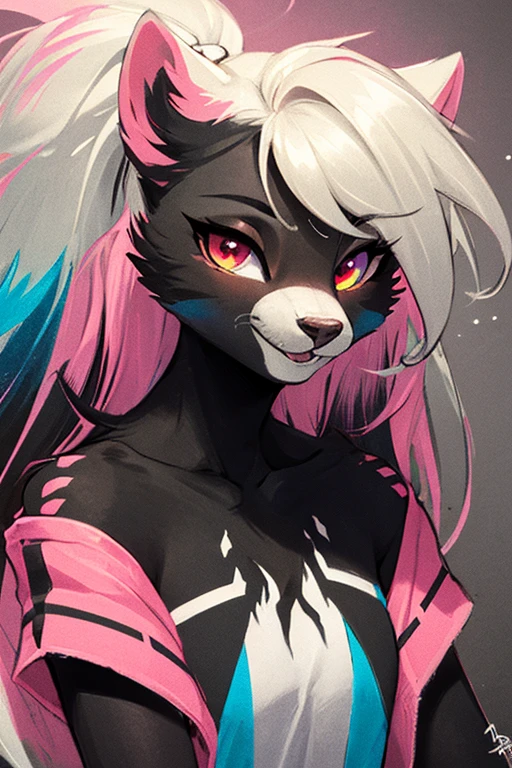 score_9,score_8_up,score_7_up, source_cartoon, an Anthro furry wolf girl, black furry body, black ear tips, long white hair with blue tips on hair, blue highlights in hair, pink eyes, wearing black underwear, black collar, black furry body, (long hair), feminine, white thigh highs, white skirt, (curved horns), wearing oversized sweater, sitting, black fur, dark grey furry body, good anatomy, ((two-tone-body)), fluffy tail, 2 tails, one foot up and in view, exposed toes, 4 toes, surreal psychedelic background, smiling