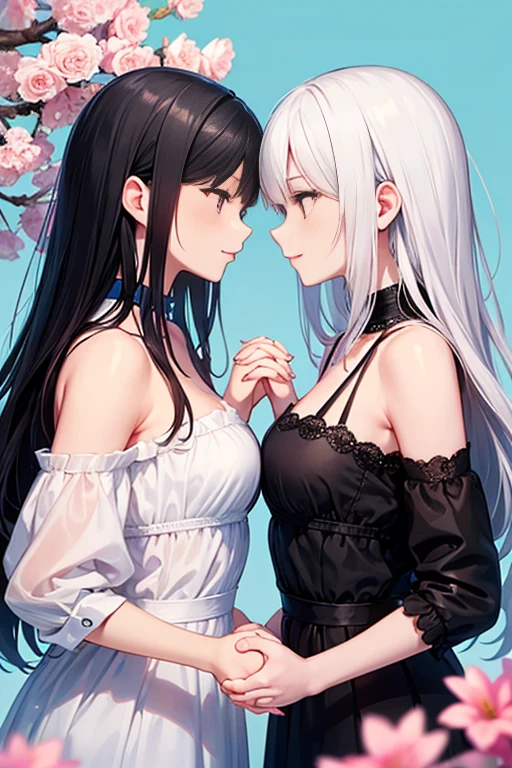 1 Girl,Kagura Mia ,white hair,Heterochromia,Half closed eyes,(Giddenmei 1.5),double braid hair,They are two women lying on the bed,White bed sheets,Wearing a lamp, Art of Female Love, Kiss cutely together, Girl hug, two beautiful anime girls, Lesbian kissing,lesbian