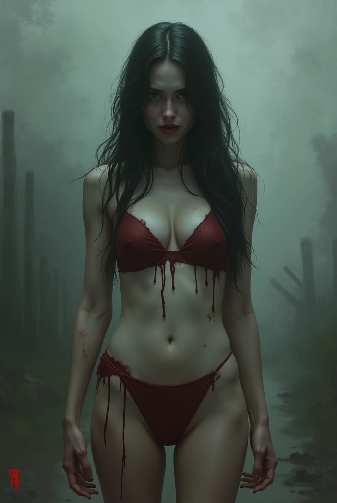 a semi naked girl in a dark, pubic hair, open Cardigan, ((blood splatter)), ((blood drippingfrom the face.), dripping eyes, foggy forest, detailed horror scene, best quality, 8k, (photorealistic:1.37), (ultra-detailed:1.2), detailed background, detailed fog, frost covered trees, dark and moody color palette, dramatic lighting, (horror theme:1.3), (nude girl:1.25), (naked:1.15)