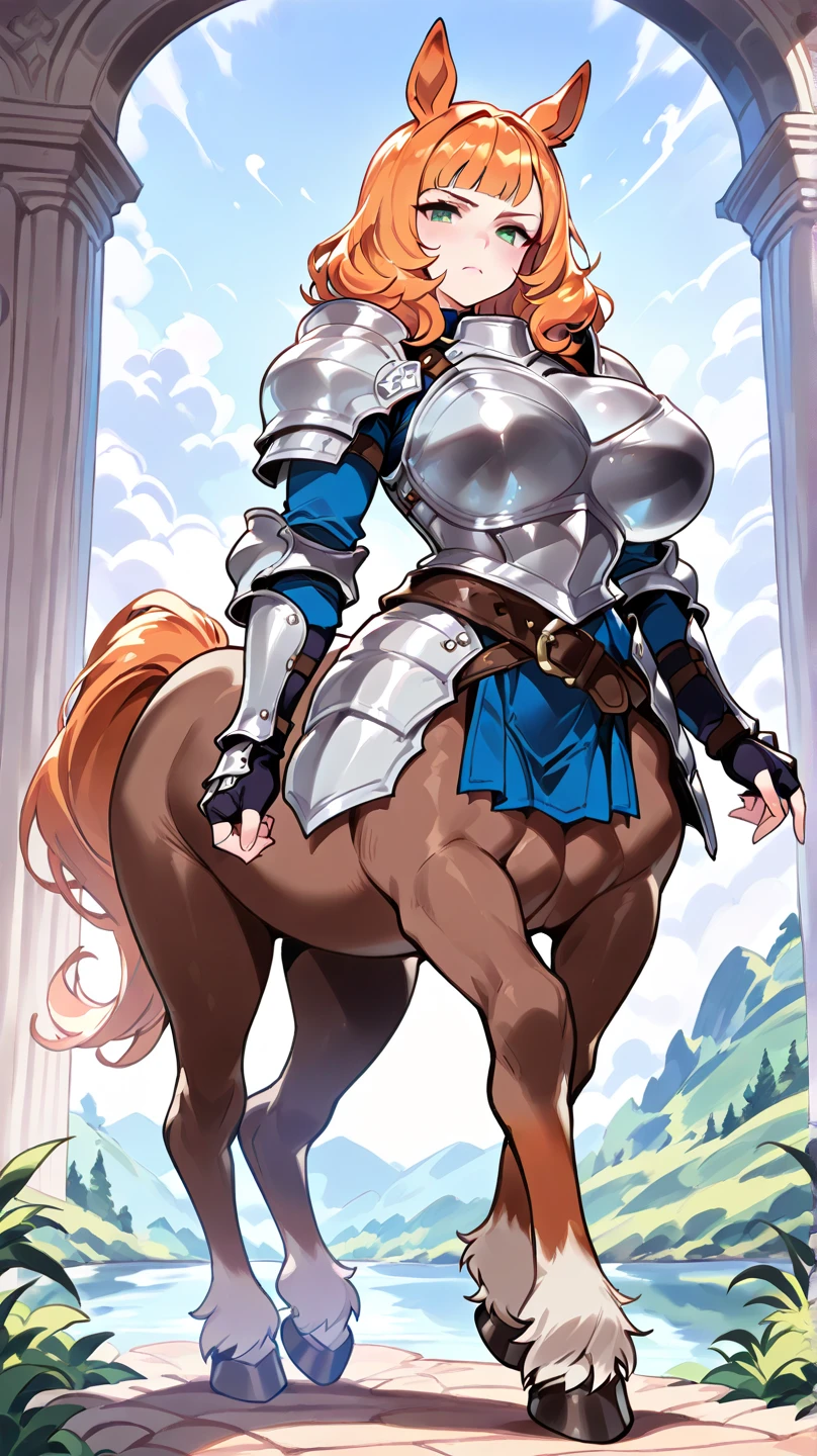 score_9, score_8_up, score_7_up, source_anime, kemono style, An Anthro furry yellow wolf girl, yellow furry body, yellow wolf ears, ear fluff, red hair, tail, wolf snout, black nose, MaleniaDef, helmet, covered eyes, single mechanical arm, prosthesis, tall and skinny body, naked, nipples, blowjob, she is sucking faceless human males cock, mouth open, cumming, side view