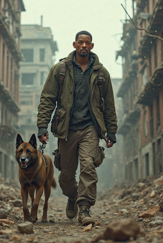 FULL SHOT, FRONT VIEW FACING THE CAMERA ACTOR WILL SMITH EQUIPPED IN MILITARY UNIFORM ARMED WITH AUTOMATIC RIFLE WALKING THROUGH THE RUINS OF NEW YORK NEXT TO HIM A SHEPHERD DOG WALKING NEAR HIM AND A MAN VAMPIRE WATCHES THEM FROM THE WINDOW, DRAMATICALLY YI LIGHT, POST-APOCALYPSE ATMOSPHERE, SUPER HIGH RESOLUTION, SUPER FINE FOCUS, BEST QUALITY, 32K, HDR, STEVE MCCURRIE STYLE, HYPER PHOTOREALISM