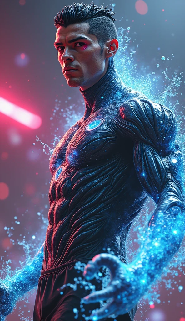 (mid_shot:1.3),(1 male:1.2),(muscle man:1.1),(frontal illumination:1.2),with a silver body and glitters with lights above,extreme iridescent reflection,in the style of vray tracing,vibrantmanga,shiny/ glossy,rococo pastel,fluid form,tinycore,fluid impressions,vray,machine aesthetics,yanjun cheng,silver,shiny eyes,fluidform.,the young warrior,male characteristics,