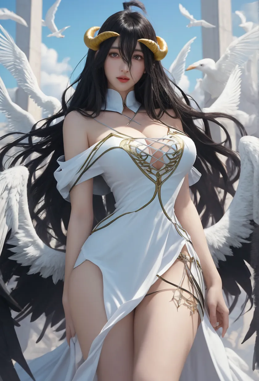 Photorealistic, masutepiece, Photorealistic, High resolution, Soft light, hips up high, Black wings, White Dress, white horns, albedo_overlord, Black hair, (Low wing,:1.1), Huge breasts, castle in background