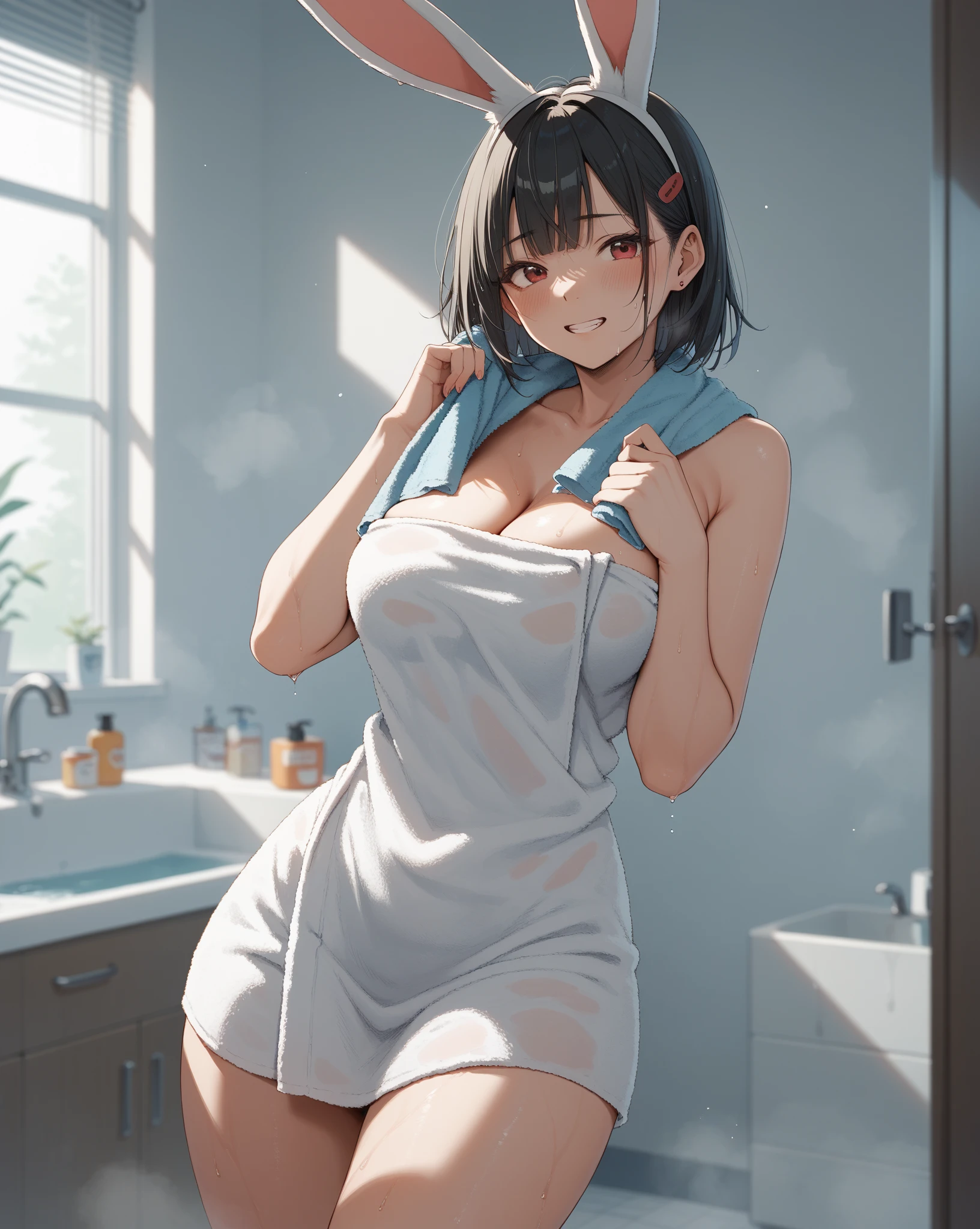 1girll，In the bath，Banana in hand，Delicate and beautiful face,Various hairstyles，crisp breasts，Convex buttocks，Wrapped in a soaked bath towel，perfectly proportioned, 浴室，vapour，bathtub，Cinematic lighting, filmgrain, Fujicolor, lightand shade contrast, 8K, 巨作, Textured skin, Super detail, hoog detail, High quality, A high resolution,