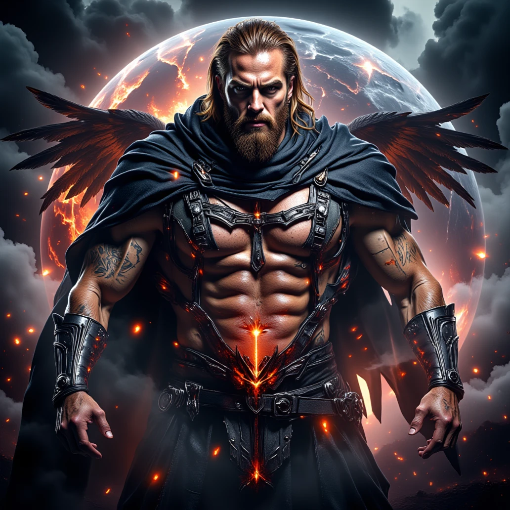 double exposure style
prospect: The name "CROW" and "MAB" overlayed. A muscular cyborg warrior. He has a brownish red beard and long brownish red hair. Donned in futuristic armor and black feathered, hooded cloak. Cybernetic arm. Dynamic posing. Sinister snarl. Glowing eyes. Intimidating. Covered in tattoos
Silhouette: Huge raven silhouette. Otherworldly planets colliding, cosmic dust and chaos surroundings. colorful, dynamic poses, dynamic contrast ,silhouette intensity strong, double exposure, floating particle, high resolution, masterpiece, Depth Of Field, image fill, super detail, UHD, Hyperdetailed, Hyperrealism