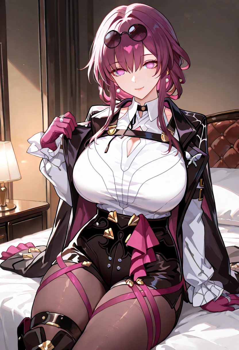 <lora:concept-pov-multiple_views-v1:0.6>, multiple views, pov, cowgirl position,
(nsfw, uncensored, blush, full blush),
 <lora:kafka_1:0.7> aakafka, sunglasses, eyewear on head, harness, shoulder cutout, white shirt, collared shirt, long sleeves, white sleeves, purple gloves, black shorts, thigh strap, pantyhose,
(8k uhd, extremely detailed CG unity 8k wallpaper, masterpiece, (((best quality))),  ultra-detailed,  beautiful detailed eyes:1.2), (((extremely detailed))), highly detailed,  beautiful,  small details,  ultra detailed,  best quality,  intricate,  4k,  8k,  trending on artstation,  good anatomy,  beautiful lighting,  award-winning, absurdres), <lora:more_details:0.5>,, <lora:breastinClass:0.3>, , perfect skin,(detailed body:1.3),(detailed face:1.3), detailed fingers, beautiful hands,nice hands, perfect hands, (masterpiece:1.3), (absurdres:1.3), (best quality:1.3) , <lyco:GoodHands-beta2:1.0>,