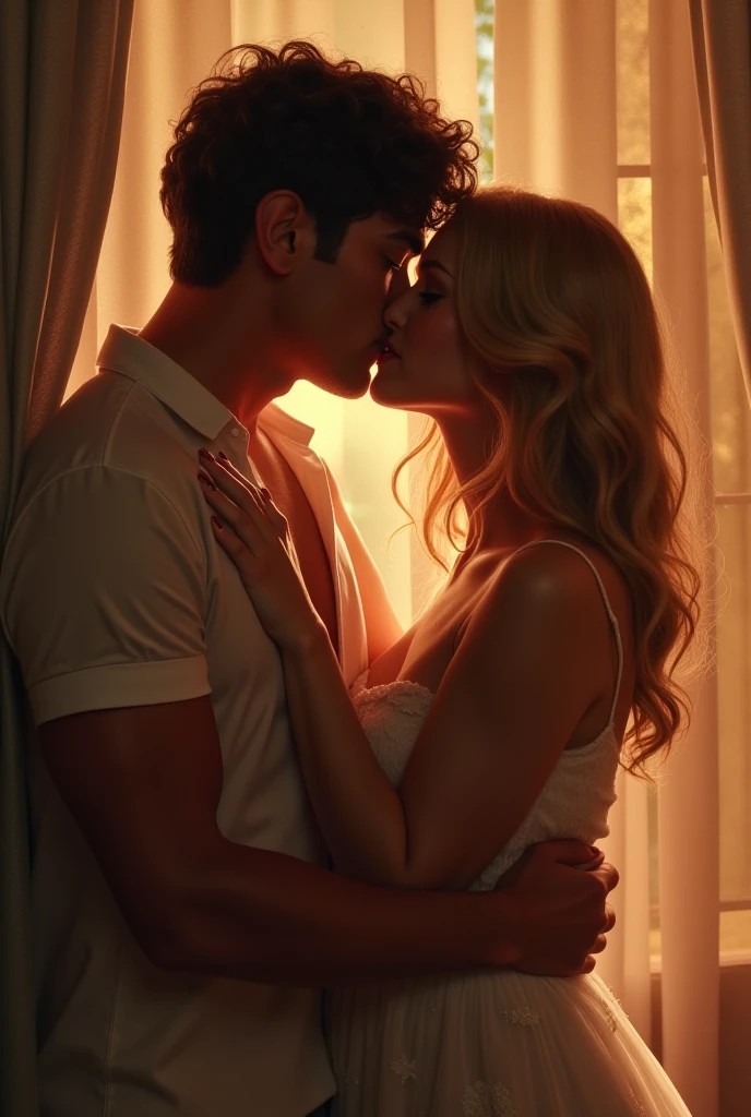 The room is dimly lit by candlelight. Britney and the man are seen through a sheer curtain. Their silhouettes are close, with Britney's arm curved around the man's neck, creating a hazy yet suggestive picture.
- **Caption:** "Silhouettes and