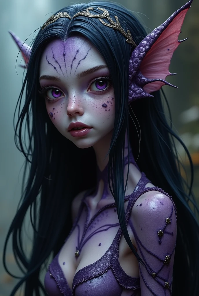 one girl, elf ears, , pure, cute naked, topless, a Woman alien mix, human Body, big tits, shed skin, alien nose but the Rest of the face ist human, (((whiskers))) big eyes, full black eyes, hybride 10 % elf 30 %alien and 60 % human, face mostly woman, shed kin at Body Arms and shoulders and neck, tits are human , nipples , full black Iris, slender No clothes,snake shed skin, purple skin