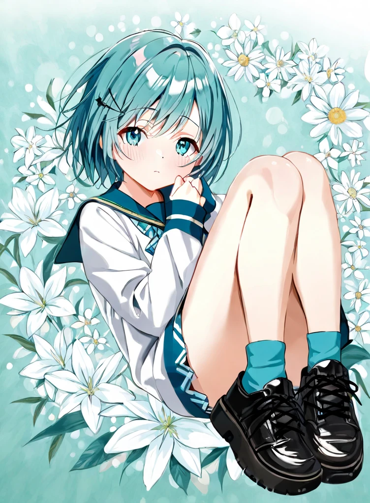 Panty shot,Under the skirt,(((White lace panties))),One girl, alone, boots, White footwear, short hair, Purple eyes, Thigh straps, hair ornaments, Hair Clip, Aqua Hair, Open your mouth, Disgust, dress, Long sleeve, View your viewers, short dress, Leaning forward, knee boots, Blue background, Thigh pouch, Foot, masterpiece ,8k unity wallpaper,Anime key visual,Highest quality, High resolution, unity 8k wallpaper, (shape:0.8), Highly detailed face,Highly detailed eyes,Glowing Eyes , Glowing Skin,Fine skin,White skin,dense skin,Detailed Hair,Very elaborate legs,Perfect lighting, Detailed CG, (Perfect hands, Perfect Anatomy),High resolution,Official Art,Anime key visual,(Detailed wear ),Thin limbs, Delicate curves, Graceful Hands, Small feet,shape:0.8,Anime Coloring,