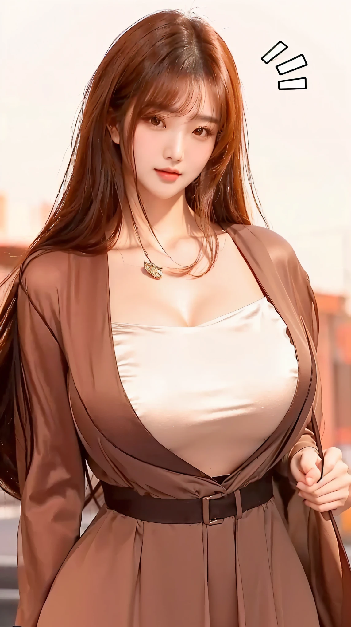 (8K, highest quality, masterpiece:1,2), (realistic, Photoreal:1.37), Super detailed, one girl,), (very detailed), (緻密で美しいeye), (highest qualityの), (Super detailed ), (masterpiece), (detailed face),woman((19 years old)), hair((red, wavy, length)), eye ((redいeye, 大きな eye)), Clothes((kimono,big slit, redい花柄)), accessories ((earrings, necklace)), huge breasts, big , smile, background,長いhair,redいClothes,cowboy shot