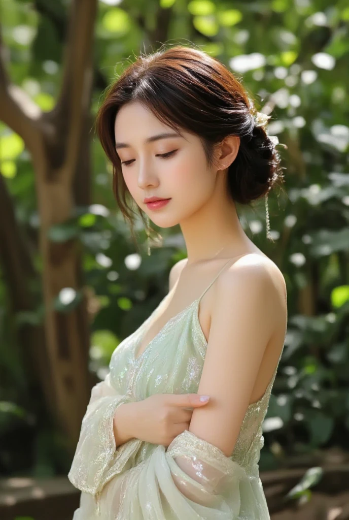 Portrait of lovely woman in bright windy field, Lotus leaf background，watercourse, Chicken lotus root stalk，lotus Leaf，lotus，Leaf Arch，(Backlight),detail， Practical,Upper Body，best quality, detail，Serious, In the shadows, bloom, [[Chromatic Aberration]，Natural skin texture，Red，Wearing gardenia on the head，Tie your hair up，Clive Archie，Medium breasts，Areola，Upturned nipples，earrings，necklace，Smile，Transparent red sports T-shirt，The shoulder strap is broken
