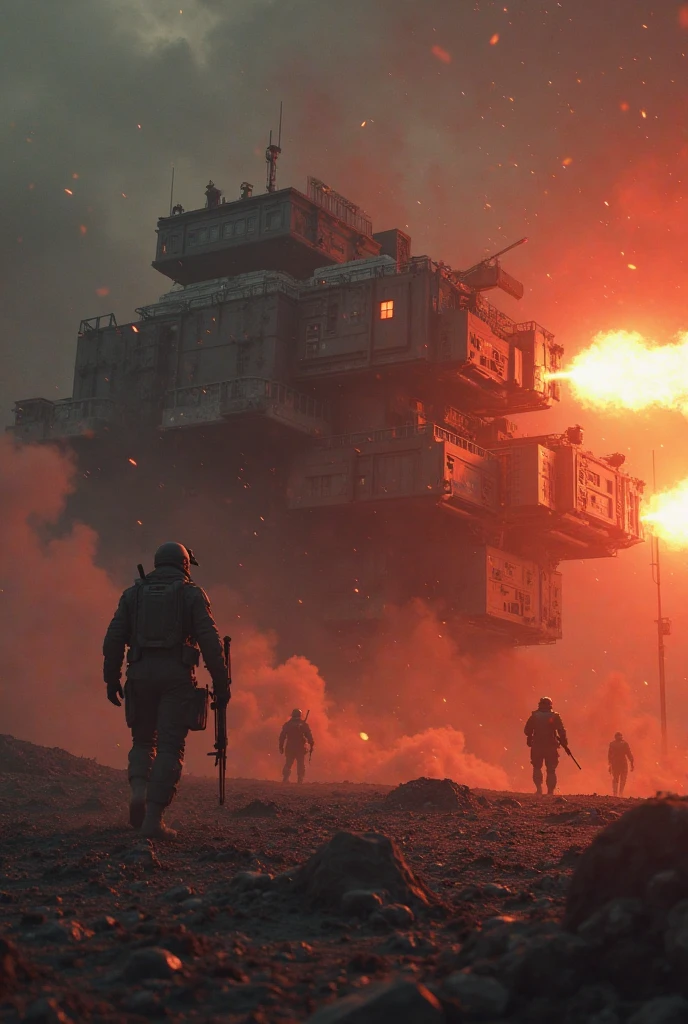 -A futuristic battle scene featuring advanced military technology and intense combat. The scene is shot in high-definition and features hyper-realistic explosions and special effects. , movie screen cap , cinematic movie by Darren Aronofsky , Rodrigo Prieto