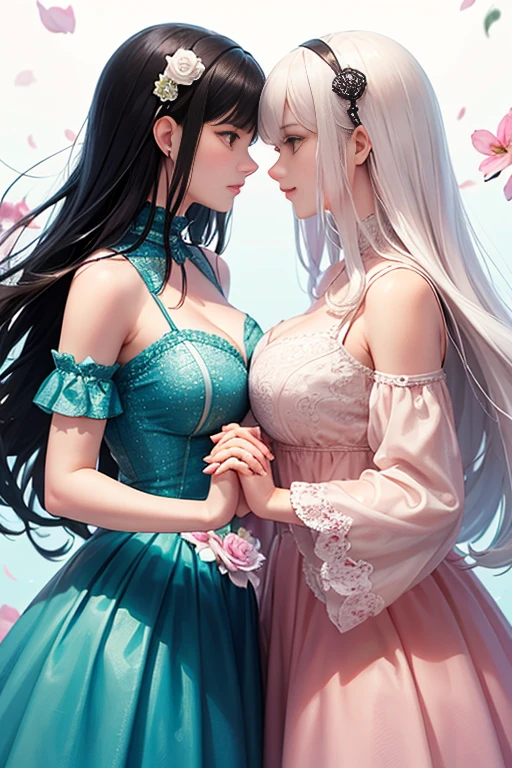 duo A beautiful woman with short silver hair and blue eyes A beautiful woman with wavy long hair in pastel purple White dress rain Gazing at each other beautiful