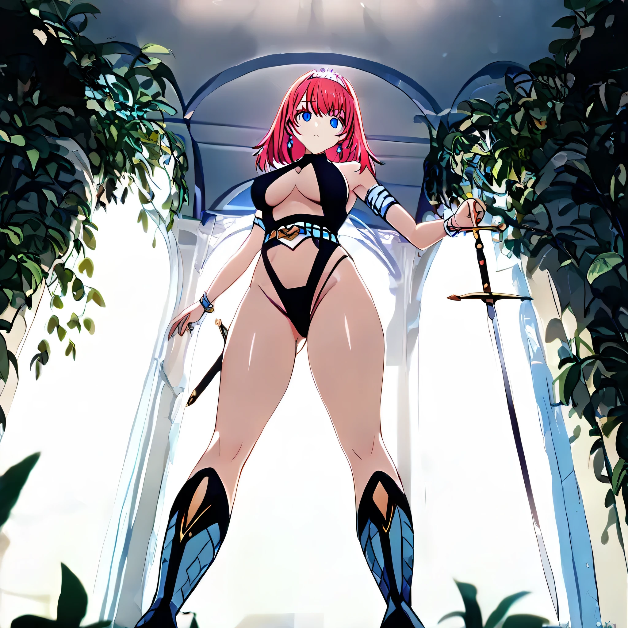 pyra \(xenoblade\), _1girl, lolings, black gloves, breasts, red eyes, shout, earrings, eyelashes, fingerless gloves, floating hair, , gem, gloves, hair ornament, headpiece, jewelry, big_breasts, leaning back, swimsuit, neon trim, official art, pose, red hair, saitou masatsugu, short hair, sidelocks, skin tight, solo, swept bangs, thighhighs, tiara, fantasy_town_background, underbust, xenoblade chronicles \(series\), (xenoblade chronicles 2), (spread_legs:1.1), fire_effect,dynamic_pose,fighting,light_smile, (plump:1.1), big_ass,huge_sword, hold_large_sword_hilt, covered_nipples, covered_pussy, fists,ponytail,beautiful_fingers,(solo:1.1), bare_shoulder,(shoulder_naked:1.2), nipple_jewel,