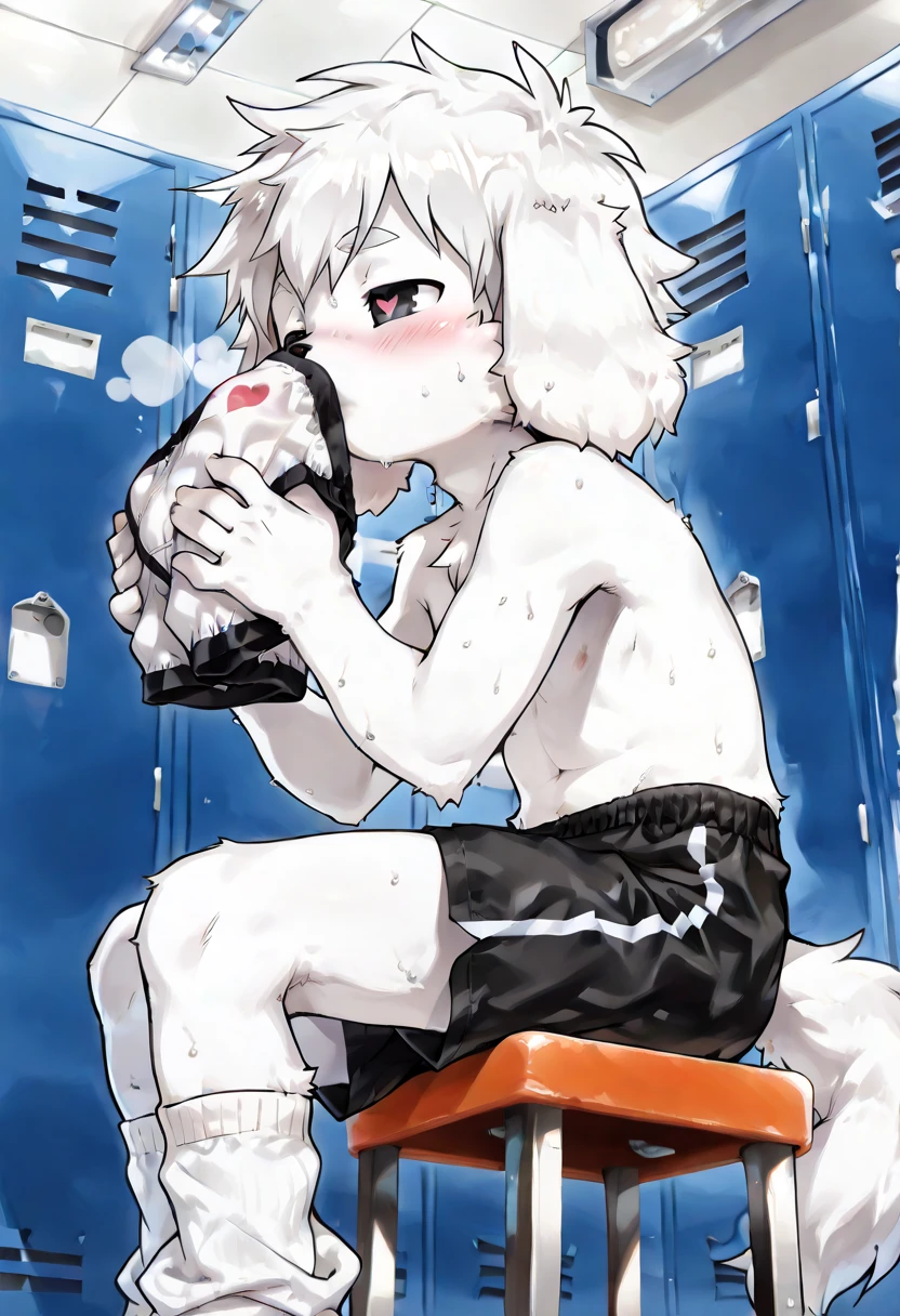 source_ furry, furry male,elementary school students,((boy )),white albino Dog boy ,short hair, masterpiece,half-closed eyes,View from below, from the side, best quality, perfect anatomy,heart-shaped pupils,White Socks, detailed eyes, furry, male,cute, young, male, topless, sport shorts, sweat, in_heat,((( holding a pair of underwear in his hand,Smelling underwear , smelling clothes, smelling,))), sitting,Square stool , locker room, blush, ,( cute),boy ,(((Single,alone))) panache