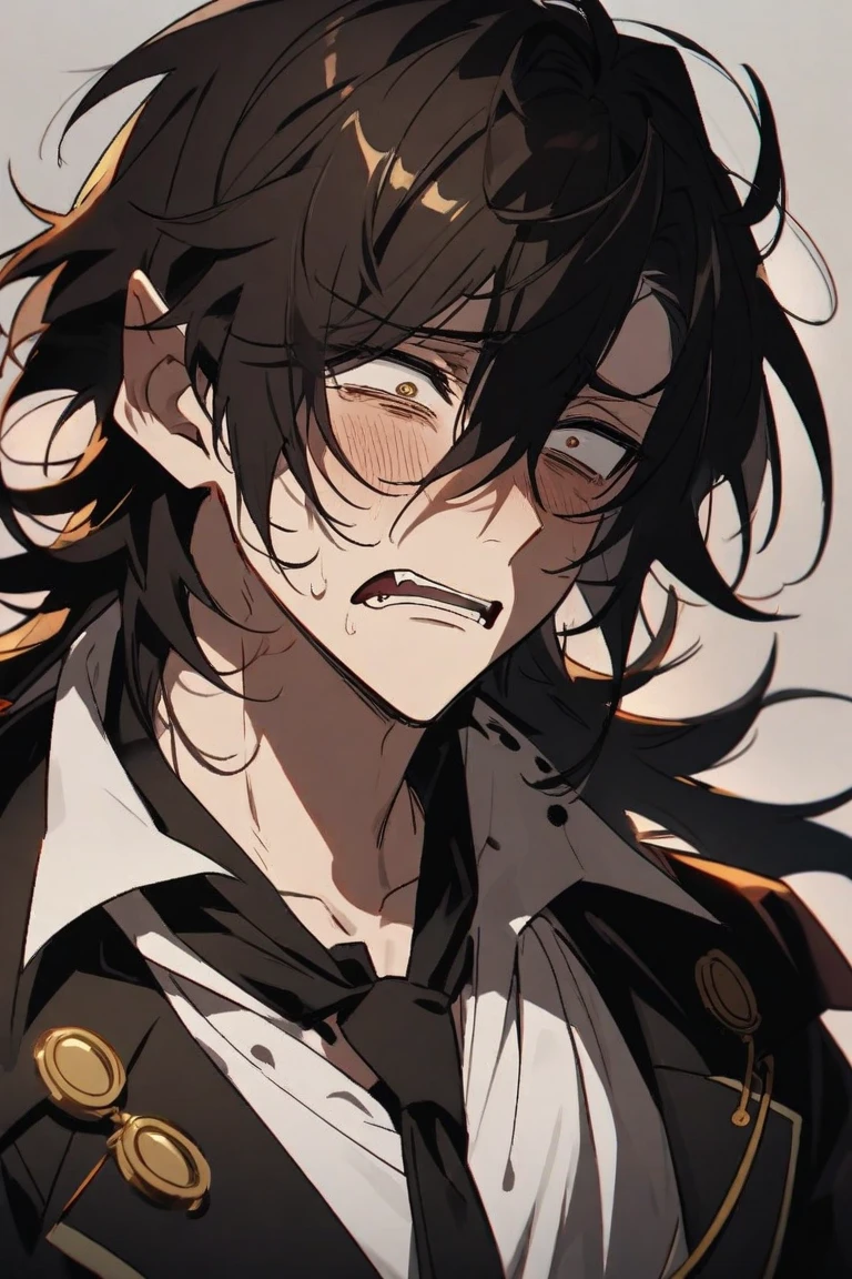 1 guy, blue eyes, black hair, wears glasses, a lot of scars on his face, long hair disheveled, male build, looks at the viewer, angry face, rage, smoke, dressed in a black hoodie, black pants, black background, blood on clothes, blood on cheek, shaded face, detailed, beautiful, gentle tones