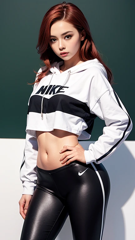 4k画质,Big black waves,photorealestic,white short sleeve,Pink yoga pants,street,self-shot,scissor hands,Beautuful Women