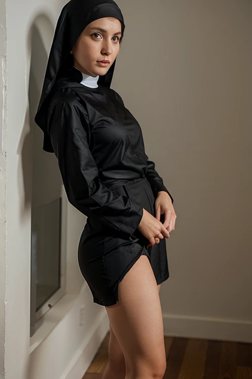 13 year old turkish girl wearing hijab, white shirt, black tight mini skirt, white beautiful kneesocks in the park a sweet smile, big legs, short girl