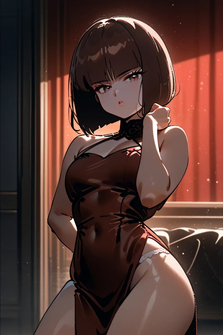 (8K HDR photorealistic pic), Betty Boop, short, althetic, curvy lady, ((tight little red dress)), dark eyebrows, black lipstick, (hoop earrings), dark eyeshadow, black lipstick, curvy, busty, (curly short black hair), shortstack, (retroussé breasts), darling figure, (supple pouting breasts), firm thighs, hourglass figure, kerchief, big brown eyes, dancing seductively