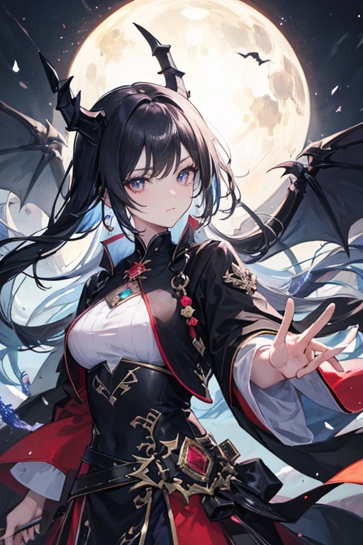 Mother of the Miko of the Dragon Clan., black hair, purple eyes, It has black and purple dragon wings., I'm sitting.