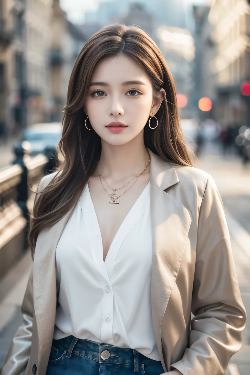 (Photoreal Stick:1.5, masterpiece:1.5, 8K), (top-quality, ​masterpiece, 超A high resolution), Highly detailed skin and facial texture:1.Professional camera work:1.3, Mystical portrait:1.3, Grow Light Effect, Cinematic Light, Perfect dynamic composition, The ultra-detailed, Model body type, Clear face, Detailed hand, Beautiful and detailed eyes, looking away from viewer, V-neck shirt, Black Tailored Suit, Suit jacket, night view at night, dark brown hair, Small breasts, a necklace, full body shot