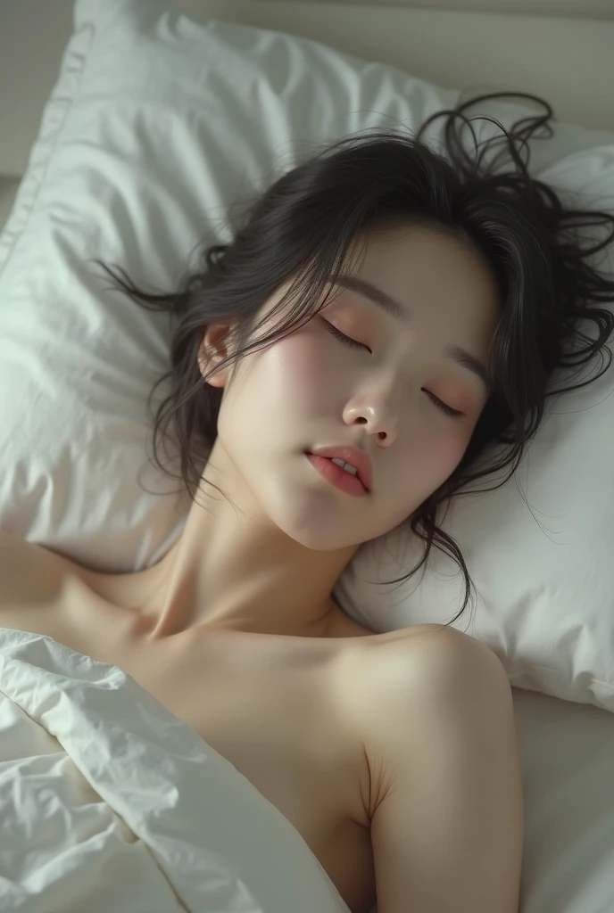 first-person view, Get naked, see pussy, lying on the bed, There is semen smeared on the body., There was semen smeared on the face., There is semen flowing from the., pink nipples, blush, ear blush, half-closed eyes , open mouth, crying