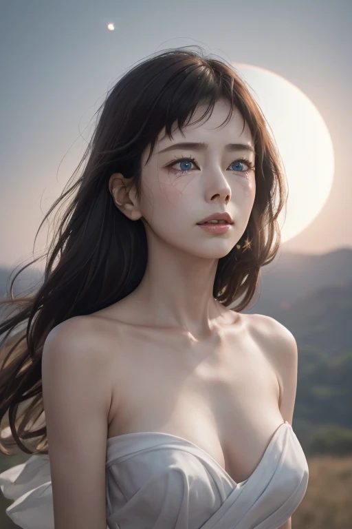 1 girl, masterpiece, Very detailed, (Beautiful and delicate shine), Lens flare, Gray Hair, Medium Long Hair, Floating Hair, think return, return, return, smile, blue eyes, ?????, Big Breasts, Upper Body, Wide Shot, , ((Uyuni salt lake)), sunrise, cloud, returnlight, Purple Sky, Yellow Sky, Gradient Sky, ,Huge breasts,Looking at the audience,Detailed eyes,Detailed nipples