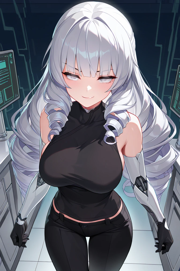 a hot 20 year old girl (white hair) (in a testing room) (she is naked) (she is scared)