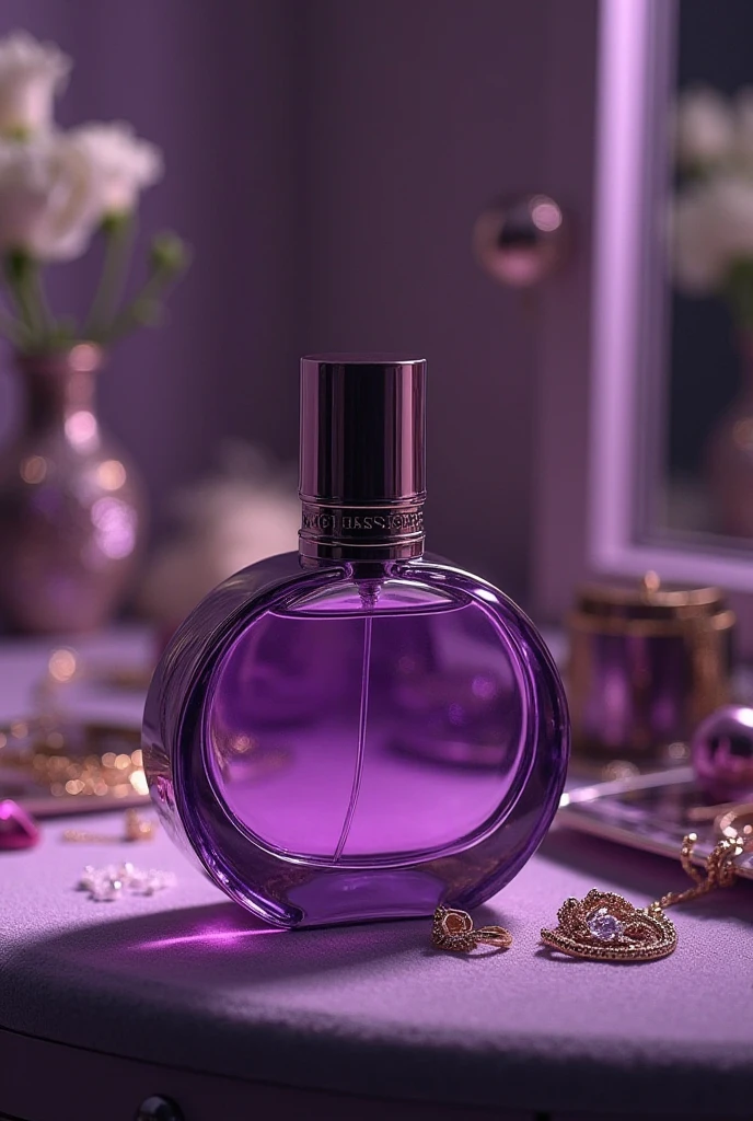 perfume in women's hands, on the hands there is a delicate lavender fabric, fabric is light on perfume, beautiful perfume, aesthetic advertising, stylish perfume, soft aura, blurred background, light, gentle perfume, cold haze